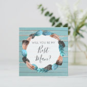 Werden Sie mein Trauzeuge Rustikale Boho Federn? Einladung (Stehend Vorderseite)