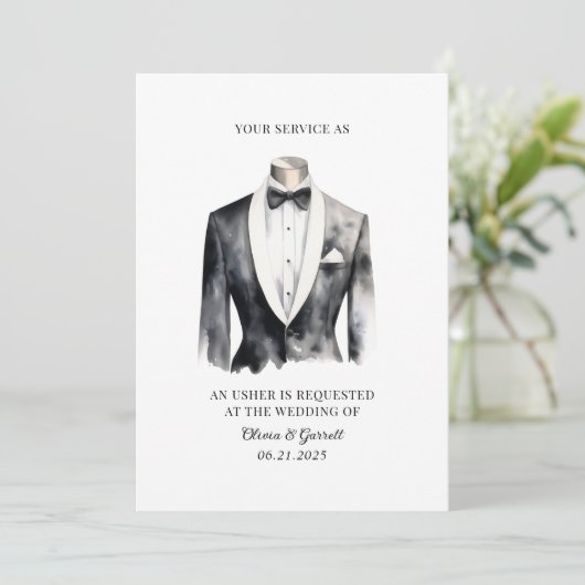 Werden Sie mein Usher Tuxedo-Vorschlag sein? Einladung (Stehend Vorderseite)
