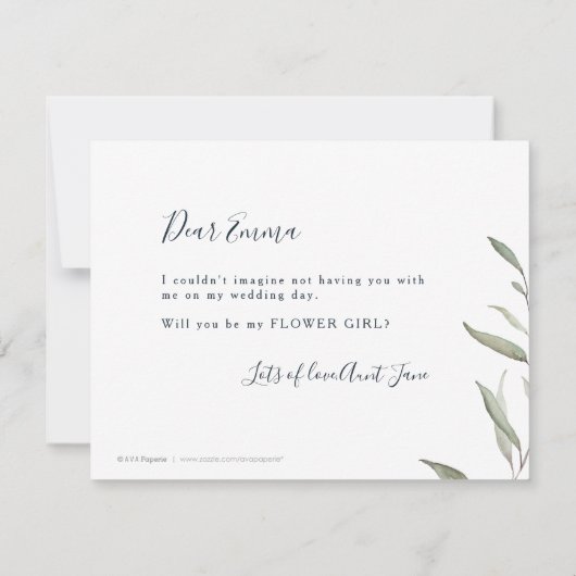 Werden Sie meine Blume Mädchen Marine minimale grü Einladung (Rückseite)