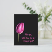 Werden Sie meine Blumenfrau Pink Tulips Hochzeit? Postkarte (Stehend Vorderseite)
