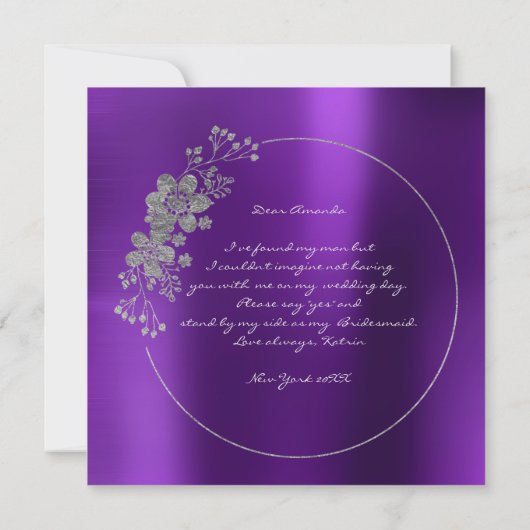 Werden Sie meine Brautjungfrau sein, Lila Metallic Einladung (Rückseite)