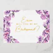 Werden Sie meine Brautjungfrau sein? lila Orchidee Folieneinladung (Vorderseite)