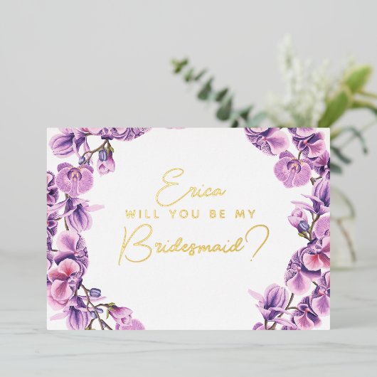 Werden Sie meine Brautjungfrau sein? lila Orchidee Folieneinladung (Stehend vorne)