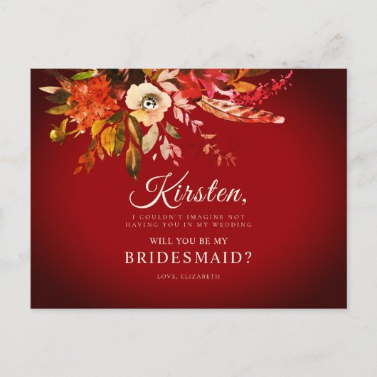Werden Sie meine Bridesmädchen Herbst florale rot Postkarte (Vorderseite)