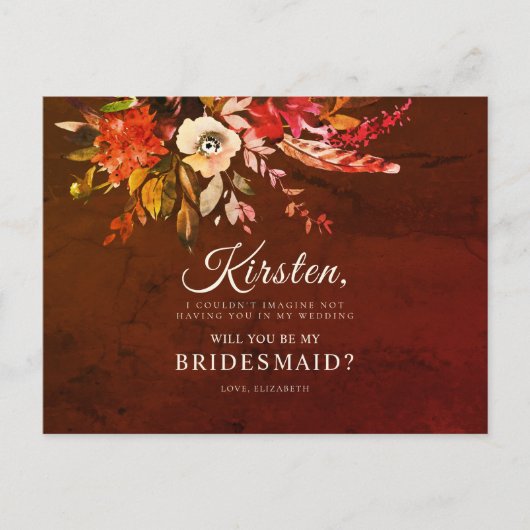 Werden Sie meine Bridesmaid Autumn Floral Bouquet Postkarte (Vorderseite)