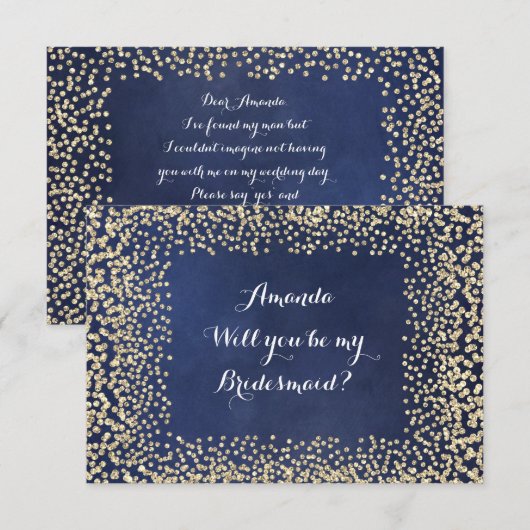 Werden Sie meine Bridesmaid Blue NavyGold Confetti Einladung (Vorne/Hinten)