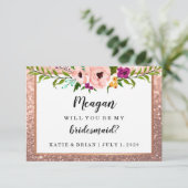 Werden Sie meine Bridesmaid Blume Glitzer Rose Gol Einladung (Stehend Vorderseite)