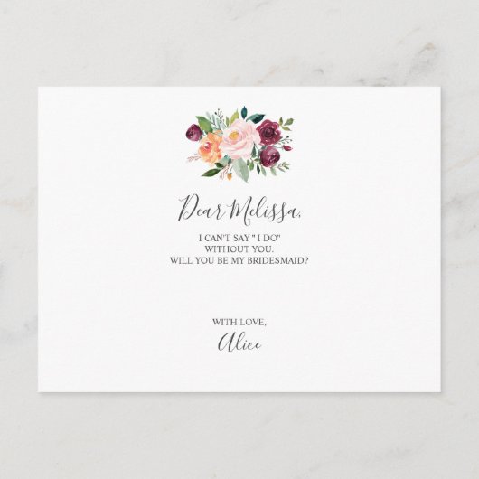 Werden Sie meine Bridesmaid Burgund-Blume sein? Einladungspostkarte (Rückseite)