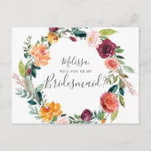 Werden Sie meine Bridesmaid Burgund-Blume sein? Einladungspostkarte (Vorderseite)