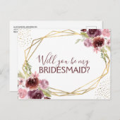 Werden Sie meine Bridesmaid Burgundy Floral Ankündigungspostkarte (Vorne/Hinten)