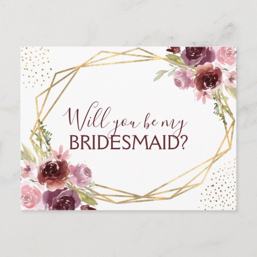 Werden Sie meine Bridesmaid Burgundy Floral Ankündigungspostkarte (Vorderseite)