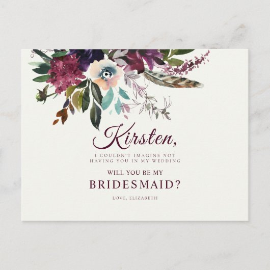 Werden Sie meine Bridesmaid Burgundy Floral Ecru? Postkarte (Vorderseite)