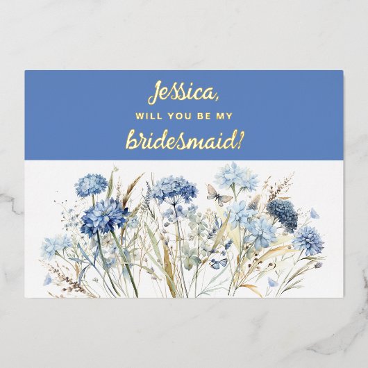 Werden Sie meine Bridesmaid Dusty Blue Wildblumen Folieneinladung (Vorderseite)