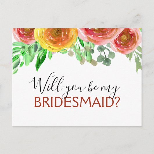 Werden Sie meine Bridesmaid-Flora-Farbe sein? Ankündigungspostkarte (Vorderseite)