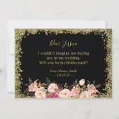 Werden Sie meine Bridesmaid Glam Black Gold Floral Einladung (Rückseite)