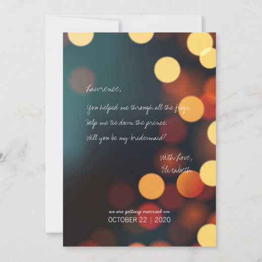 Werden Sie meine Bridesmaid Gold Bokeh Lights Flor Einladung (Rückseite)