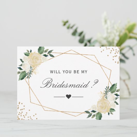 Werden Sie meine Bridesmaid Grünpflanzen Gold Flor Einladung (Stehend Vorderseite)