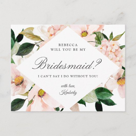 Werden Sie meine Bridesmaid Hydrangea Blush Floral Einladungspostkarte (Vorderseite)