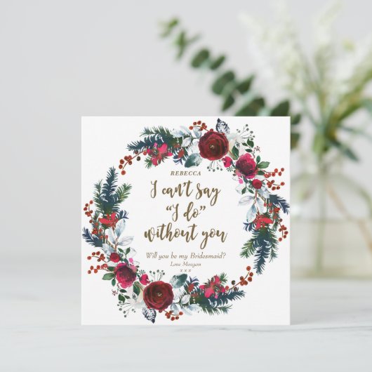 Werden Sie meine Bridesmaid-Karte Winter rot Blüte Einladung (Stehend Vorderseite)