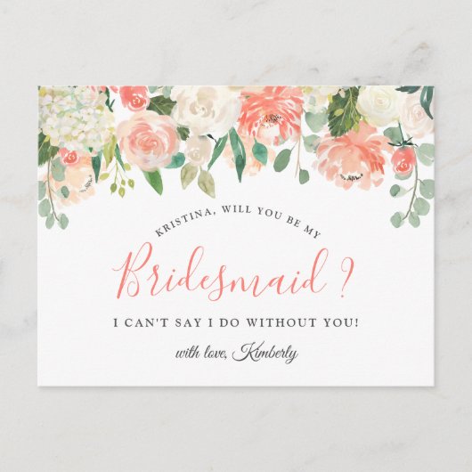 Werden Sie meine Bridesmaid Koralle Peach Blush Fl Einladungspostkarte (Vorderseite)