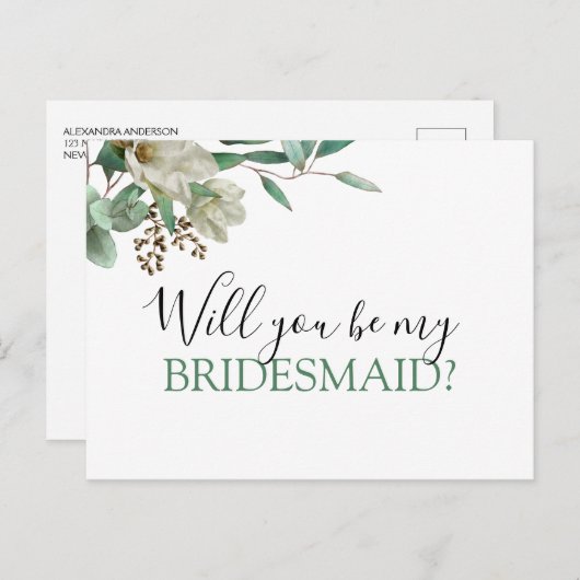 Werden Sie meine Bridesmaid Magnolia Eukalyptus? Ankündigungspostkarte (Vorne/Hinten)
