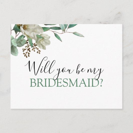 Werden Sie meine Bridesmaid Magnolia Eukalyptus? Ankündigungspostkarte (Vorderseite)