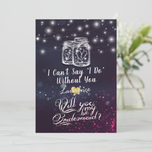Werden Sie meine Bridesmaid Mason Jar Lila Lights? Einladung (Stehend Vorderseite)