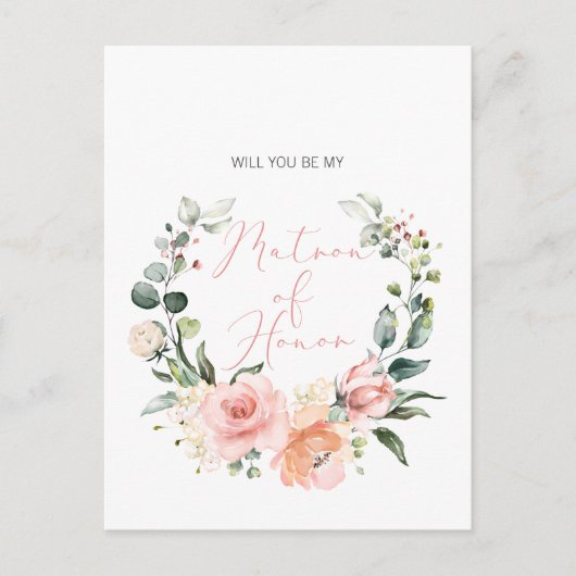 Werden Sie meine Bridesmaid MOH Pink Script floral Einladungspostkarte (Vorderseite)