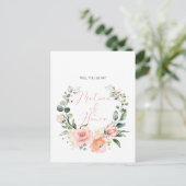 Werden Sie meine Bridesmaid MOH Pink Script floral Einladungspostkarte (Stehend Vorderseite)