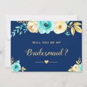 Werden Sie meine Bridesmaid Navy Aquamarin Gold Fl Einladung (Vorderseite)
