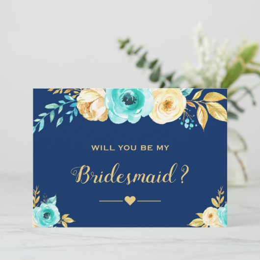 Werden Sie meine Bridesmaid Navy Aquamarin Gold Fl Einladung (Stehend Vorderseite)