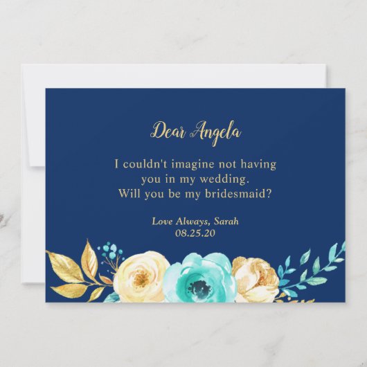Werden Sie meine Bridesmaid Navy Aquamarin Gold Fl Einladung (Rückseite)