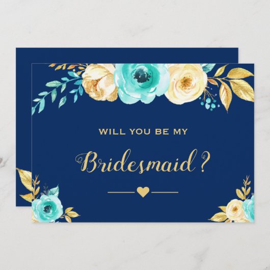 Werden Sie meine Bridesmaid Navy Aquamarin Gold Fl Einladung (Vorne/Hinten)