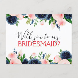 Werden Sie meine Bridesmaid Navy Blue Pink Floral Ankündigungspostkarte