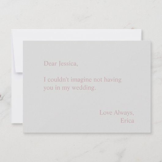 Werden Sie meine Bridesmaid Rose Gold Scripts Grau Einladung (Rückseite)