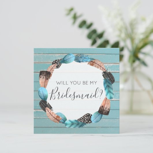Werden Sie meine Bridesmaid Rustic Boho Feathers s Einladung (Stehend Vorderseite)