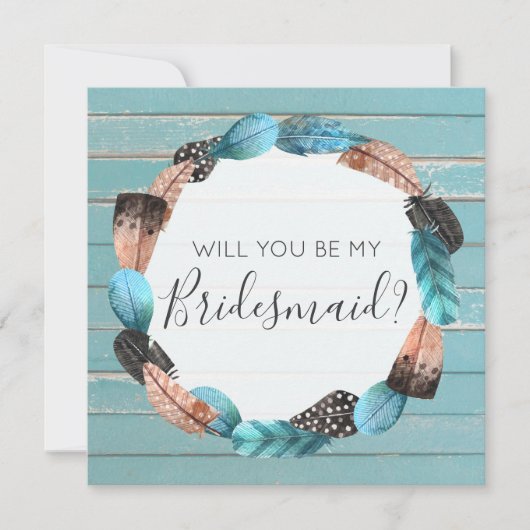 Werden Sie meine Bridesmaid Rustic Boho Feathers s Einladung (Vorderseite)