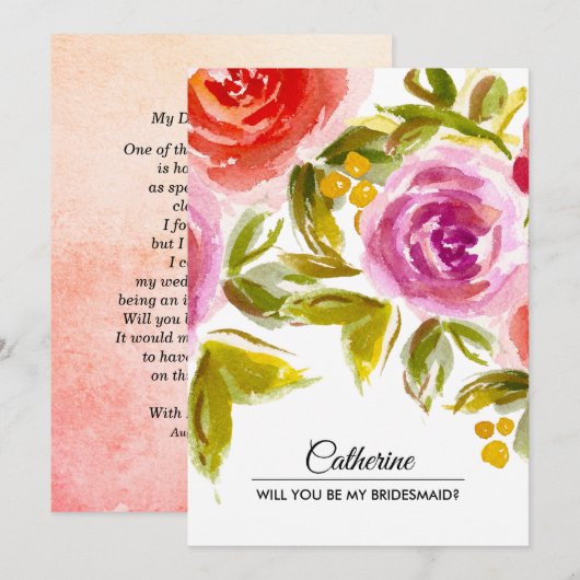 Werden Sie meine Bridesmaid sein? Aquarellblume Einladung (Vorne/Hinten)