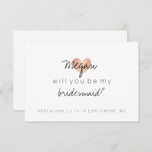 Werden Sie meine Bridesmaid sein - Herz Glam Rose Einladung (Vorne/Hinten)