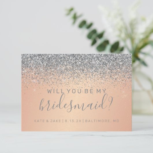 Werden Sie meine Bridesmaid Silver Glitzer Rose Go Einladung (Stehend Vorderseite)