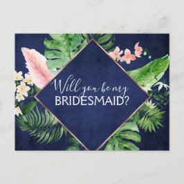 Werden Sie meine Bridesmaid Tropical Palm Navy Blu Ankündigungspostkarte