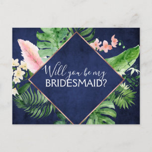 Werden Sie meine Bridesmaid Tropical Palm Navy Blu Ankündigungspostkarte