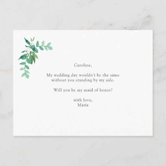 "Werden Sie meine Ehrenmatron sein?" Vorschlagskar Ankündigungspostkarte (Rückseite)