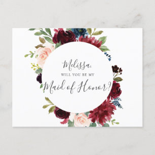 Werden Sie meine Trauzeugin Burgundy Blue Floral s Einladungspostkarte