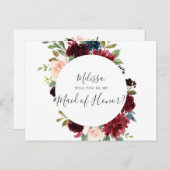 Werden Sie meine Trauzeugin Burgundy Blue Floral s Einladungspostkarte (Vorne/Hinten)