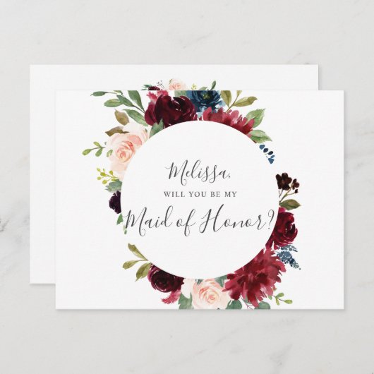 Werden Sie meine Trauzeugin Burgundy Blue Floral s Einladungspostkarte (Vorne/Hinten)