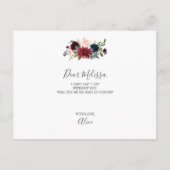 Werden Sie meine Trauzeugin Burgundy Blue Floral s Einladungspostkarte (Rückseite)
