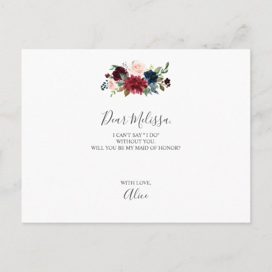 Werden Sie meine Trauzeugin Burgundy Blue Floral s Einladungspostkarte (Rückseite)