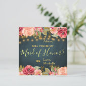Werden Sie meine Trauzeugin erröten Rose auf der M Einladung (Stehend Vorderseite)
