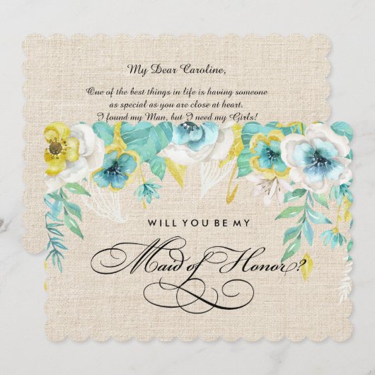 Werden Sie meine Trauzeugin sein? Aquarellblume Einladung (Vorne/Hinten)